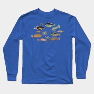 So Many Fish Yellow #1 - Vintage Marine Biology Pattern Long Sleeve T-Shirt